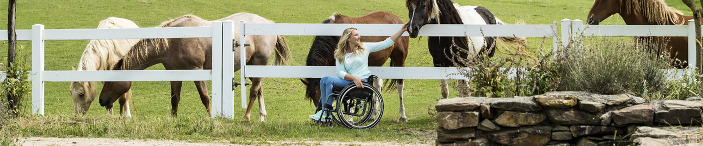 Bild Seitenkopf:Pferdekoppel mit Pferden. Frau mit Rollstuhl im Vordergrund
